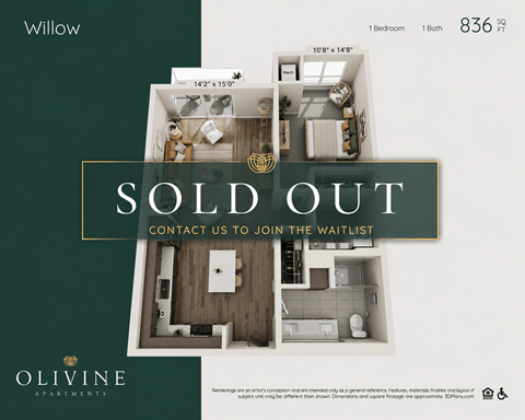 Floor plan for 1 bed, 1 bath, 836 sqft